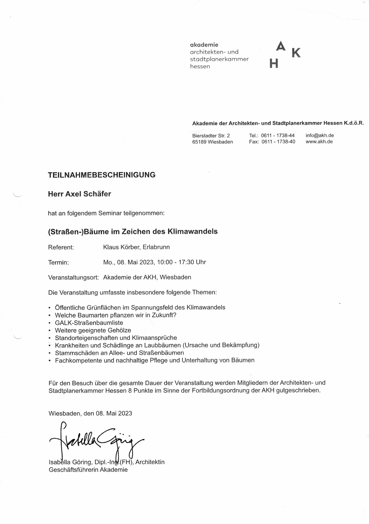 Urkunde Bäume im Zeichen des Klimawandels für Axel Schäfer