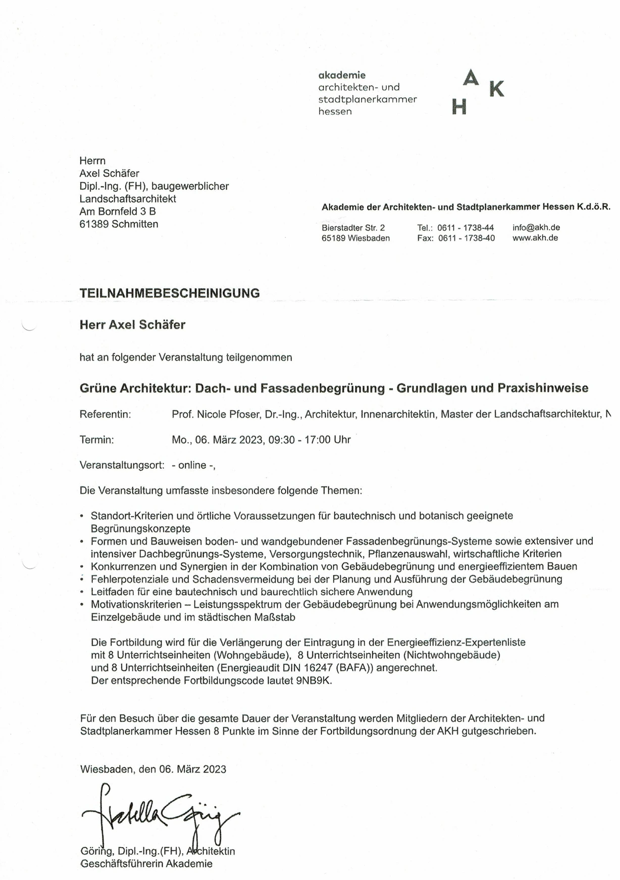 Urkunde für Dachbegrünung für Axel Schäfer