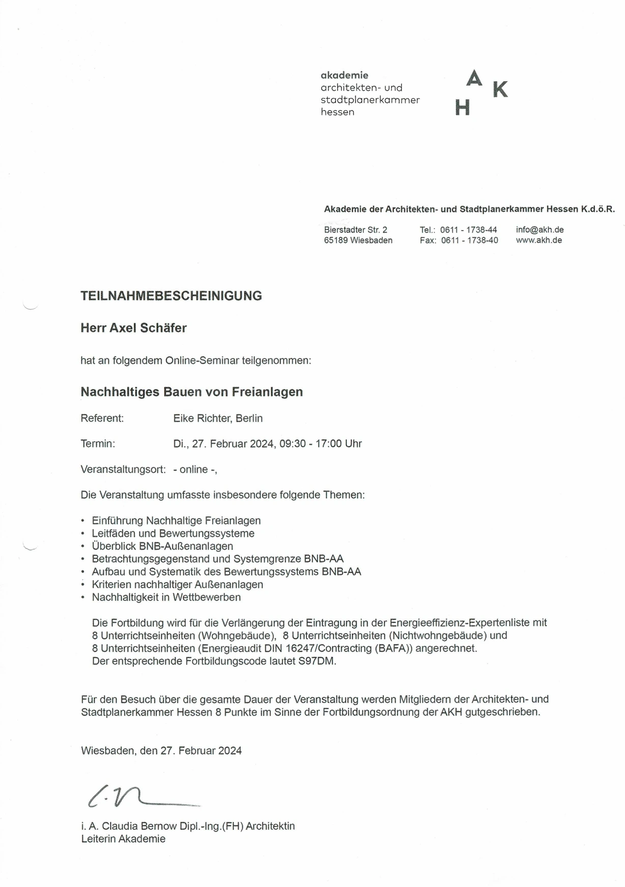 Urkunde Nachhaltiges Bauen für Axel Schäfer