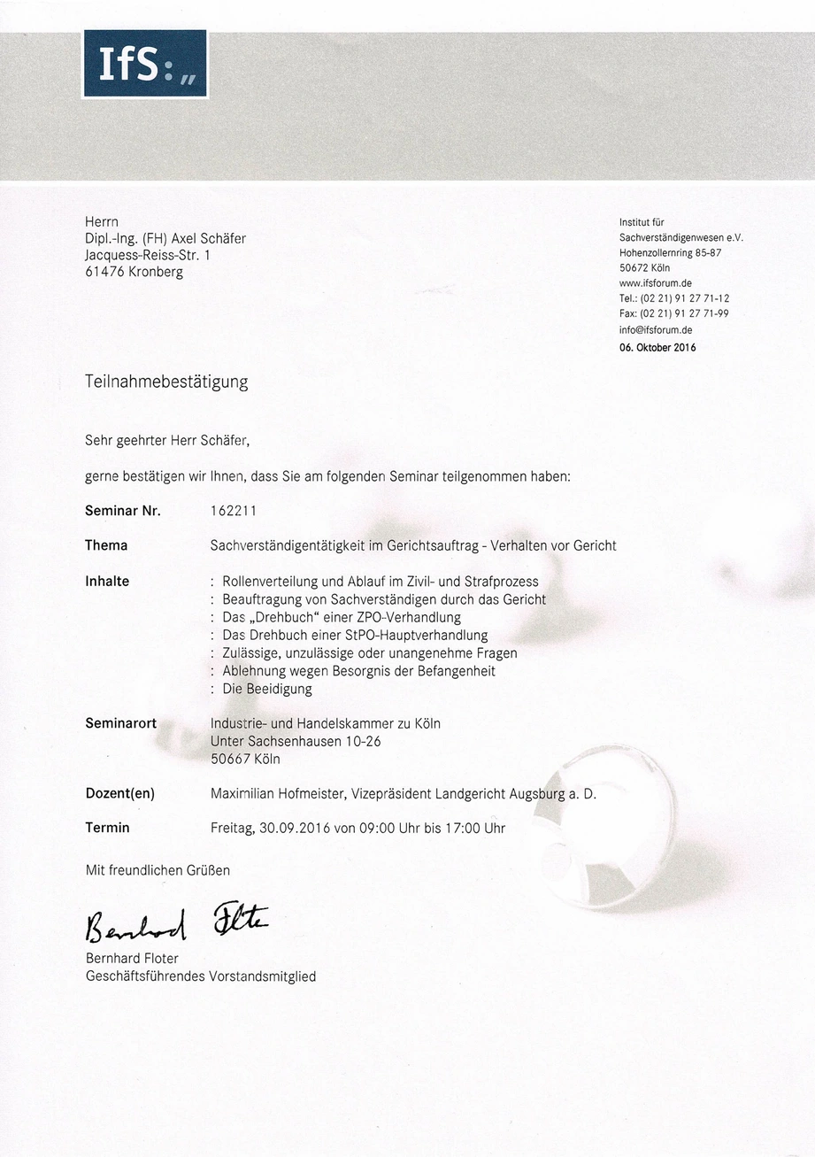 Urkunde Sachverständiger Gericht für Axel Schäfer