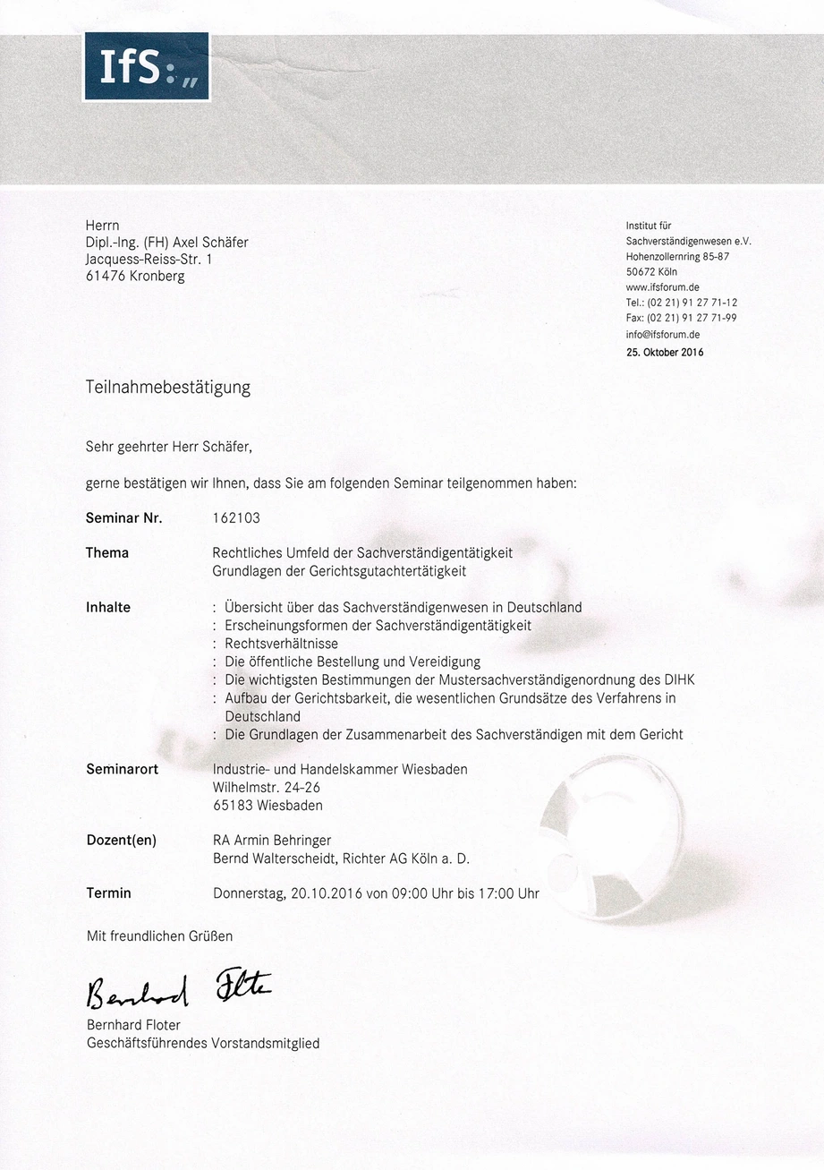 Urkunde Gutachter für Axel Schäfer