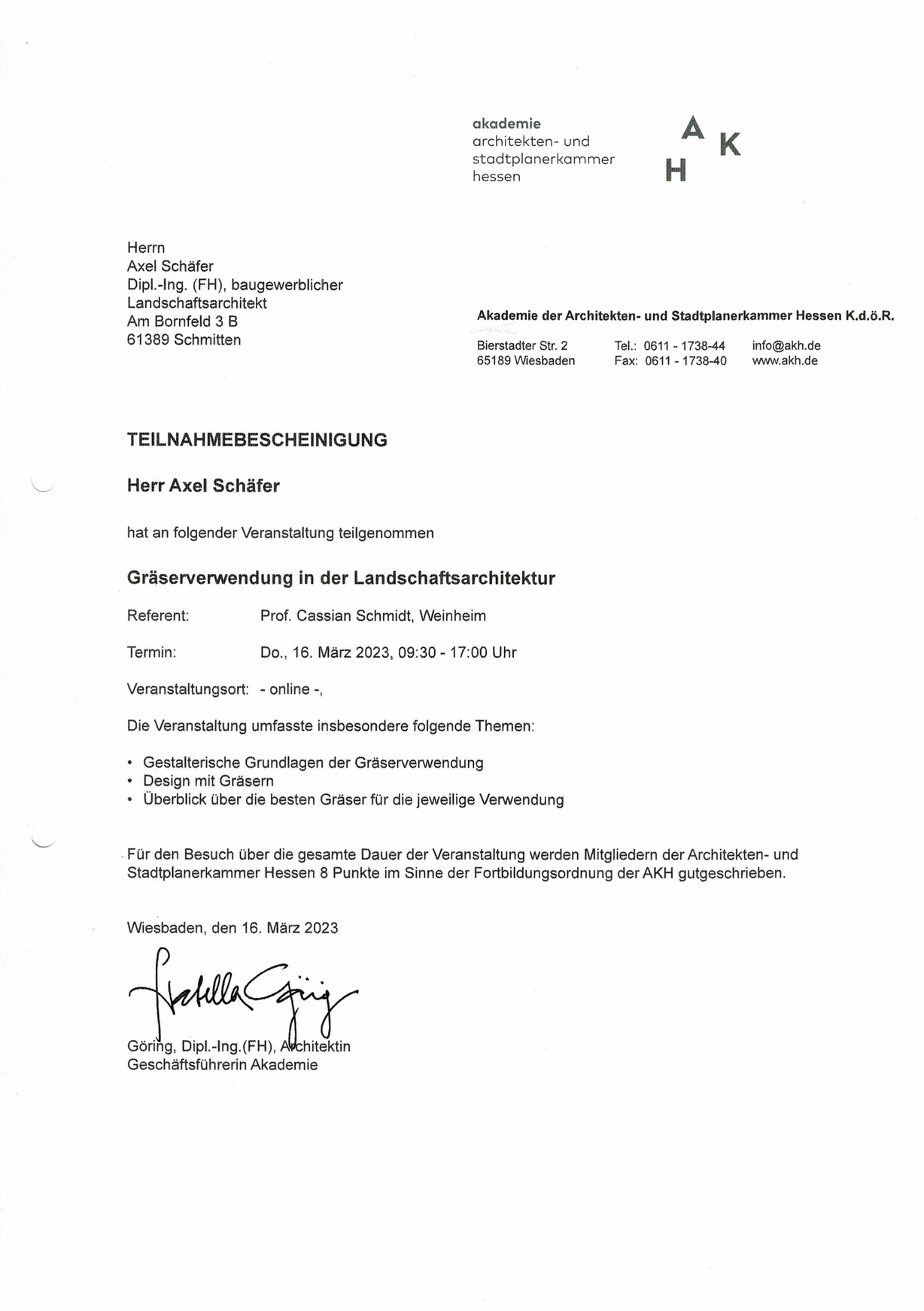 Urkunde Gräserkunde für Axel Schäfer