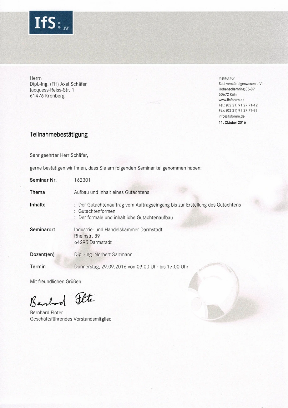 Urkunde Seminar Gutachten für Axel Schäfer
