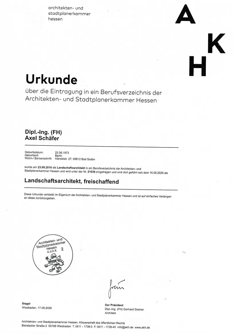 Urkunde der Architektenkammer für Axel Schäfer