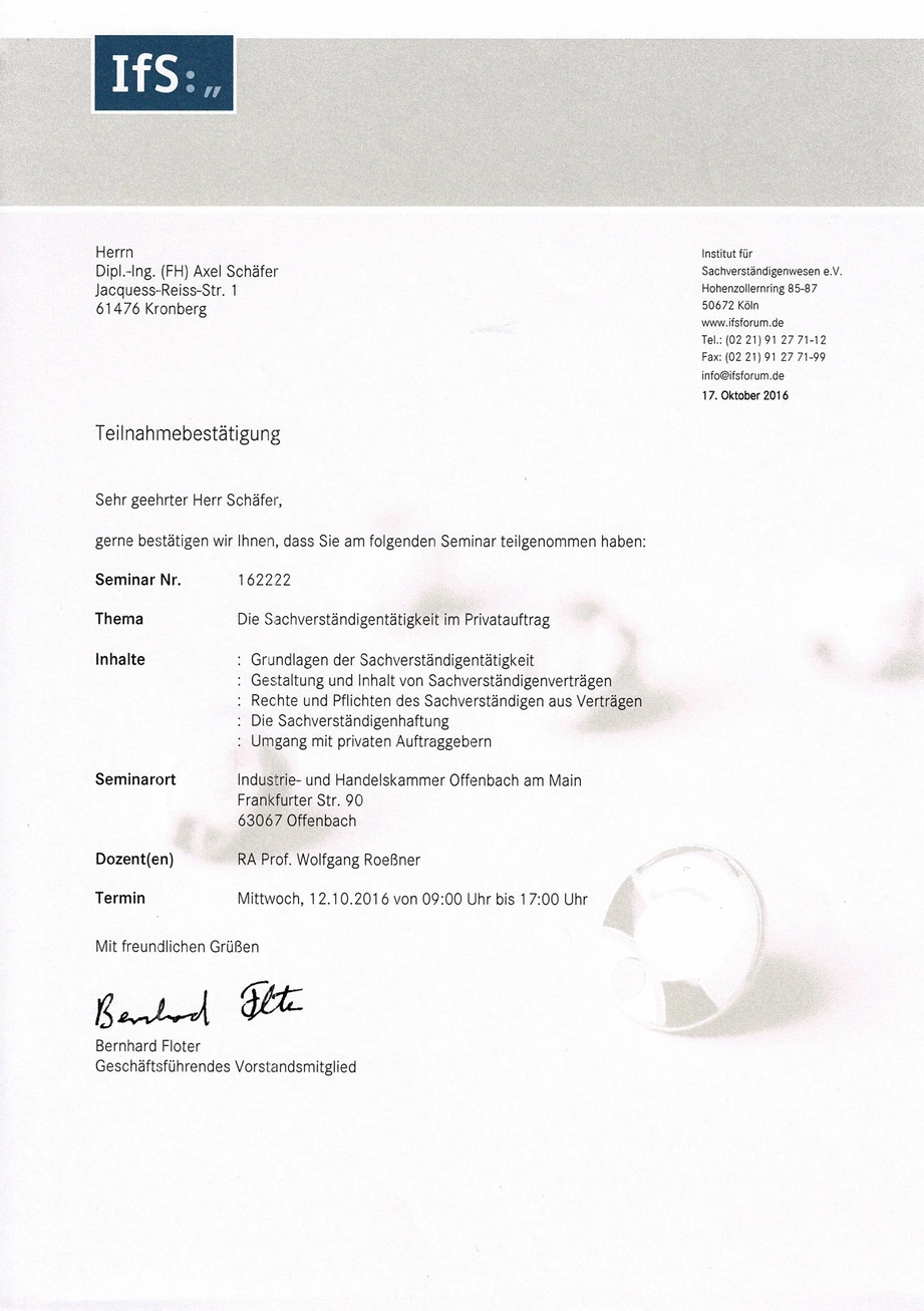 Urkunde Sachverständiger für Axel Schäfer